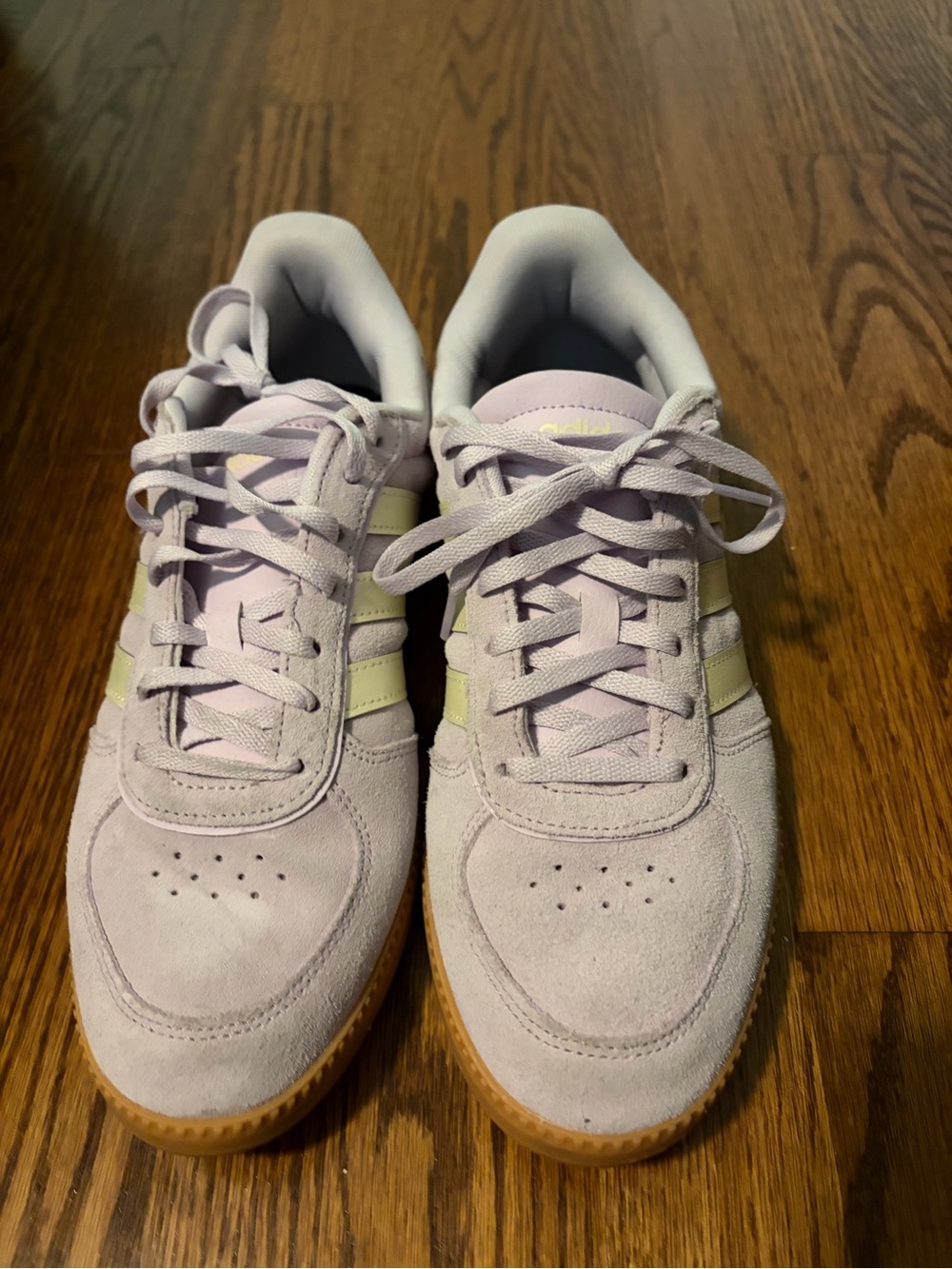 adidas Women’s Lavender Suede Sneakers with Pale Yellow Stripes
